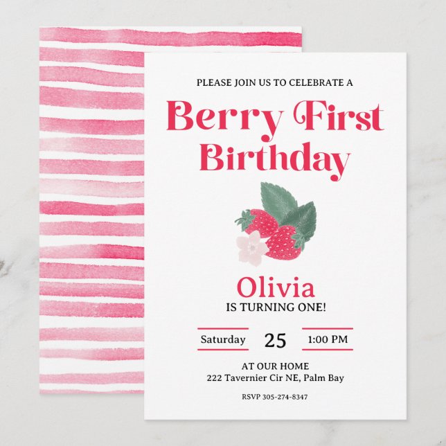 Berry First Strawberry Theme Girls 1st Party  Invitation (Front/Back)