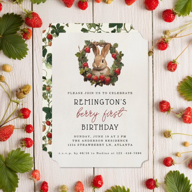 Berry First Vintage Bunny Strawberry 1st Birthday Invitation (Creator Uploaded)
