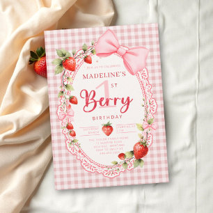 Berry First Vintage Gingham Pink Bow 1st Birthday Invitation