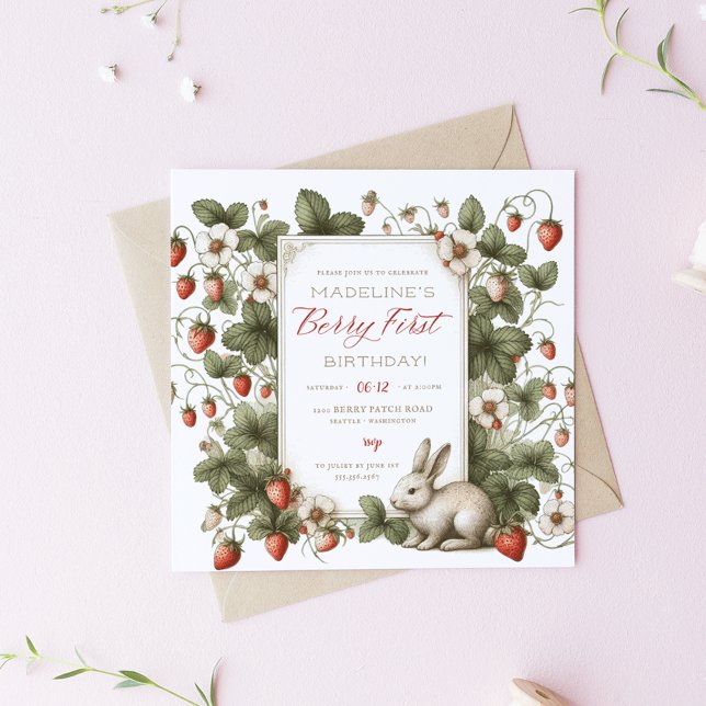 Berry First Vintage Strawberry Girl 1st Birthday Invitation (Berry first Birthday invitation. Vintage Strawberry and bunny square card design. )