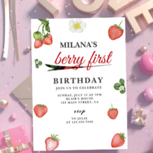 Berry First Watercolor Strawberry 1st Birthday Invitation
