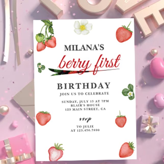 Berry First Watercolor Strawberry 1st Birthday Invitation (Berry first 1st Birthday invitation card mockup)