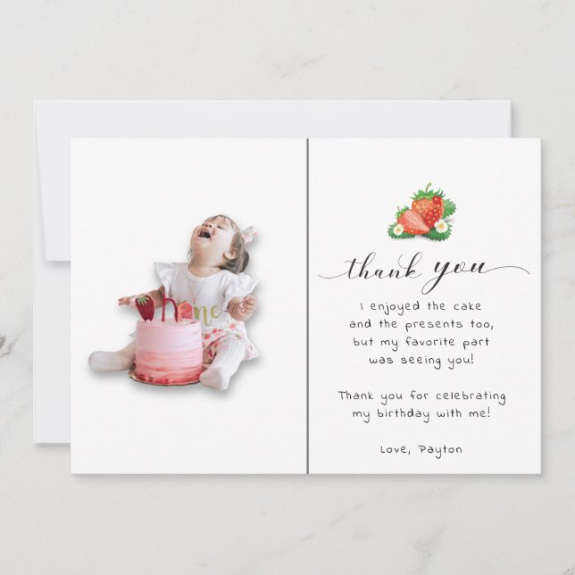 Berry First Watercolor Strawberry Birthday Photo Thank You Card (Front)