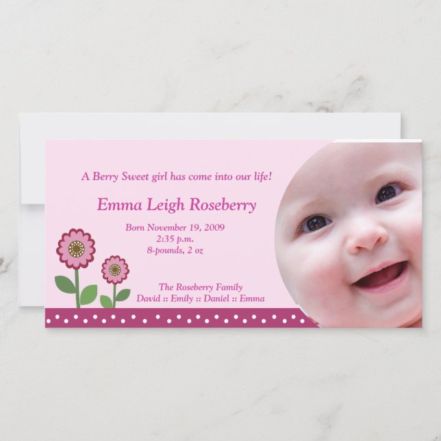 Berry Flower Garden 8x4 Photo Birth Announcement (Front)