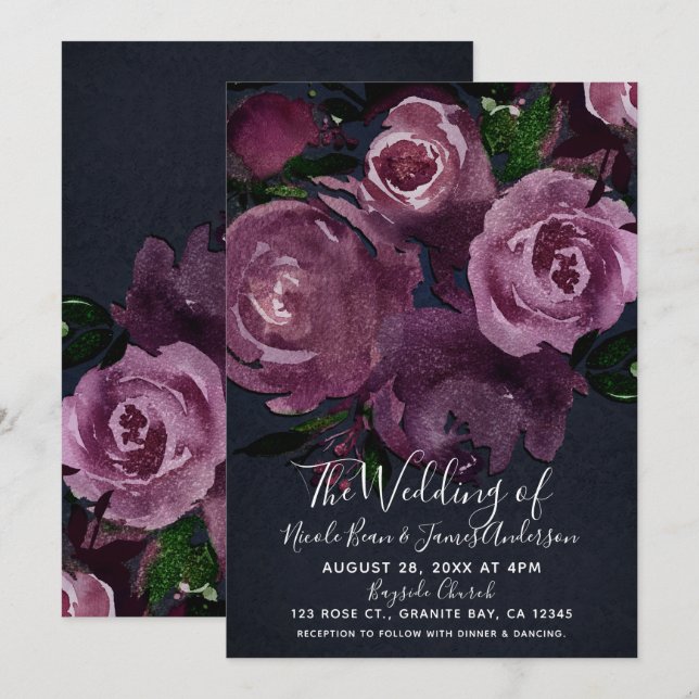Berry Fuchsia Roses Dark Floral Glam Wedding Invitation (Front/Back)