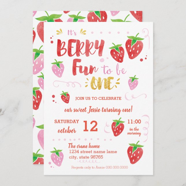 Berry Fun to be ONE first birthday party Invitation (Front/Back)
