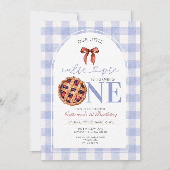 Berry Gingham Cutie Pie First Birthday Invitation (Front)