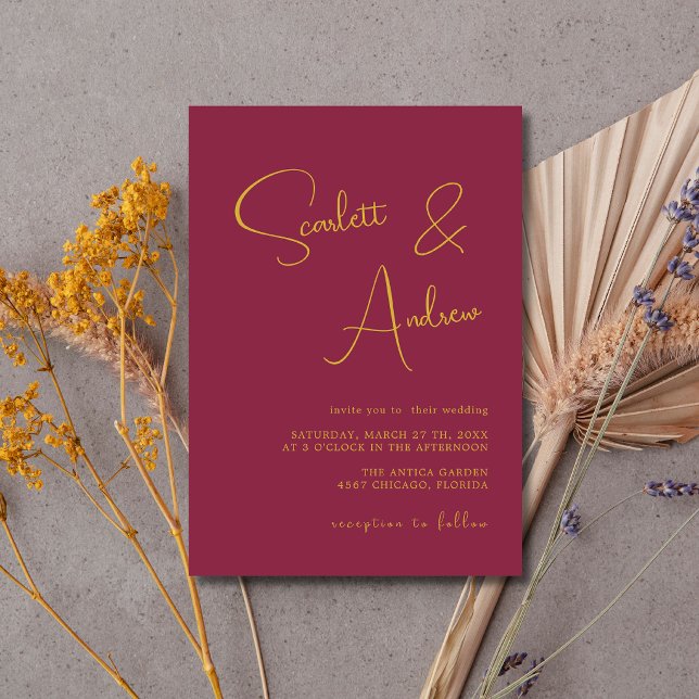 Berry & Gold Minimal Modern Calligraphy Wedding Invitation (Creator Uploaded)