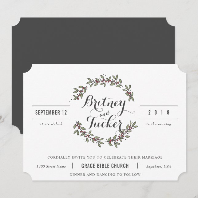 Berry Green Laurel Vintage Wedding Invitation (Front/Back)