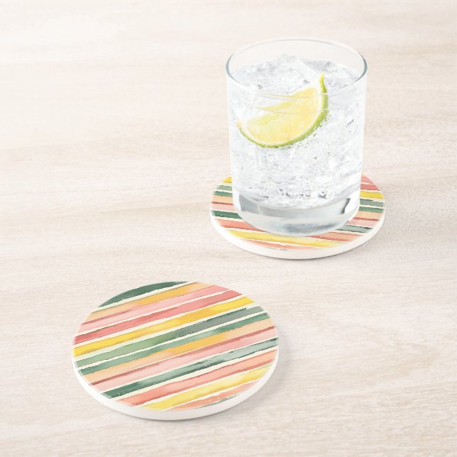 Berry Green Orange Pink Fruity Stripes Birthday Coaster (Side)