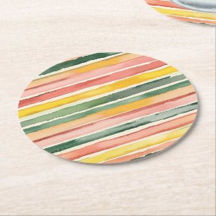 Berry Green Orange Pink Fruity Stripes Birthday Round Paper Coaster