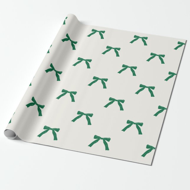 berry green ribbon bows on cream christmas holiday wrapping paper (Unrolled)
