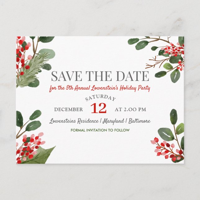 Berry Holly Annual Holiday Party Save The Date  Announcement Postcard (Front)