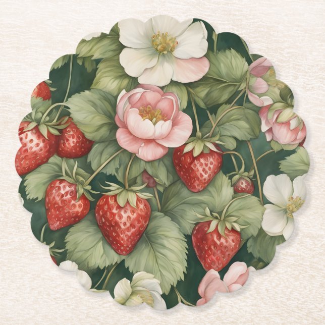  "Berry in Love" Flowers and Strawberry Paper Coaster (Front)