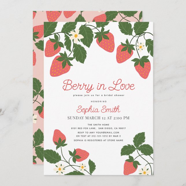 Berry in Love Pink Strawberry Floral Bridal Shower Invitation (Front/Back)