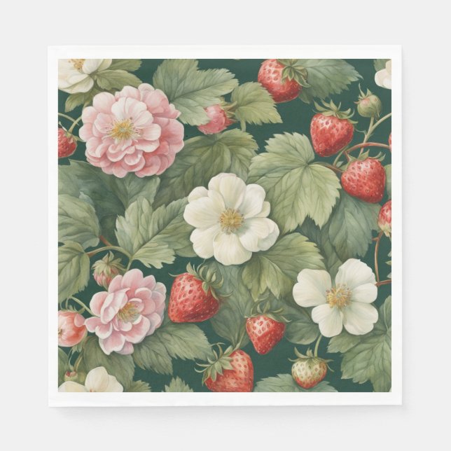 'Berry in Love' Strawberry and Floral  Napkin (Front)