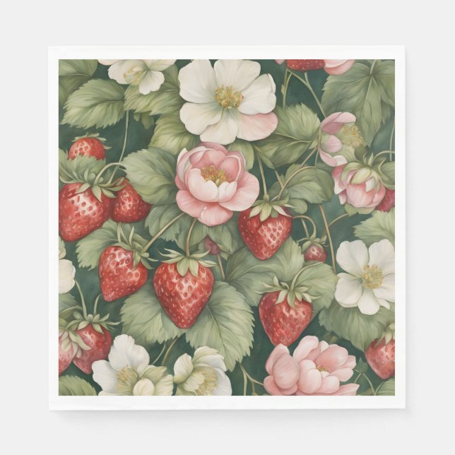 'Berry in Love' Strawberry and Floral  Napkin (Front)
