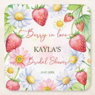 Berry in love strawberry bridal shower favours square paper coaster