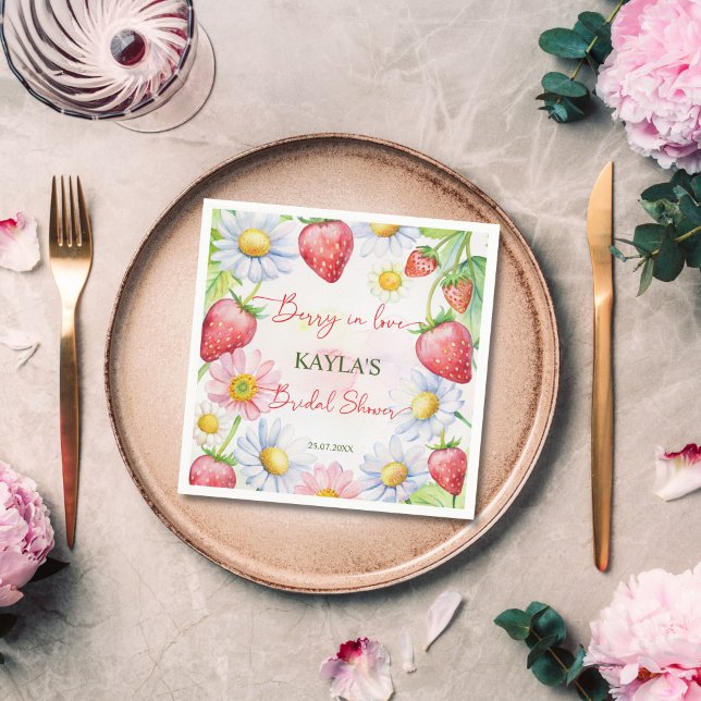 Berry in love strawberry bridal shower printed napkin (Berry in love summer garden daisies strawberry bridal shower printed napkins personalized tableware)
