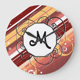 Berry Kisses Modern-Retro Stripes with Monogram Large Clock