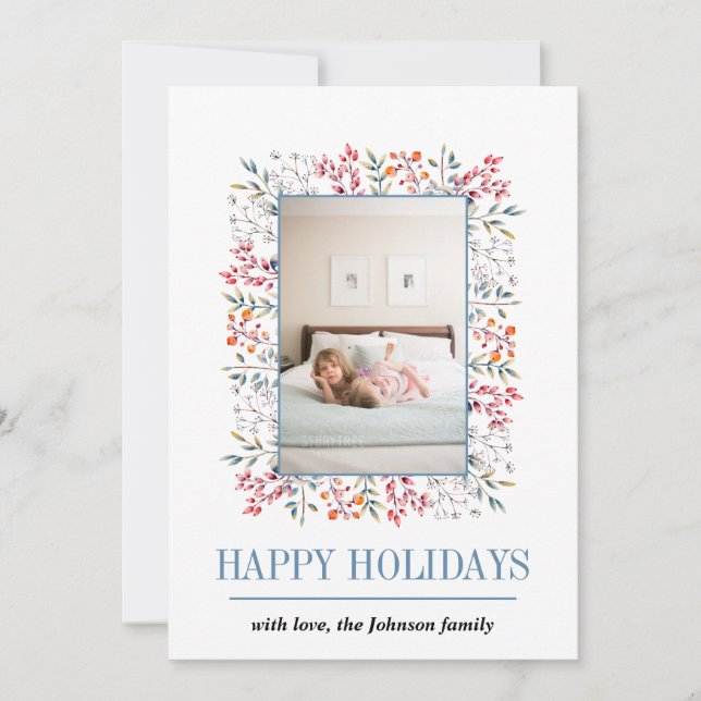 Berry, leaf border Happy Holidays Christmas photo Holiday Card (Front)