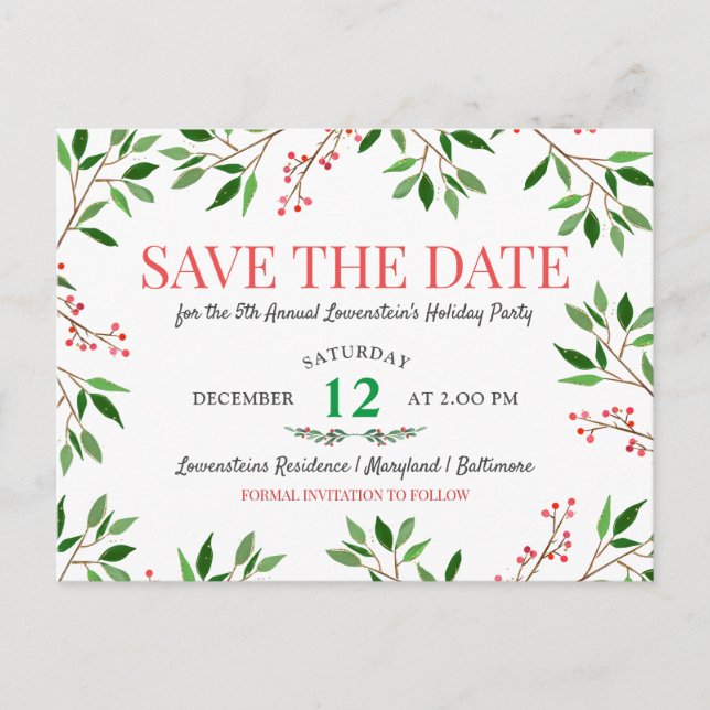 Berry Leaves Christmas Holiday Party Save The Date Announcement Postcard (Front)