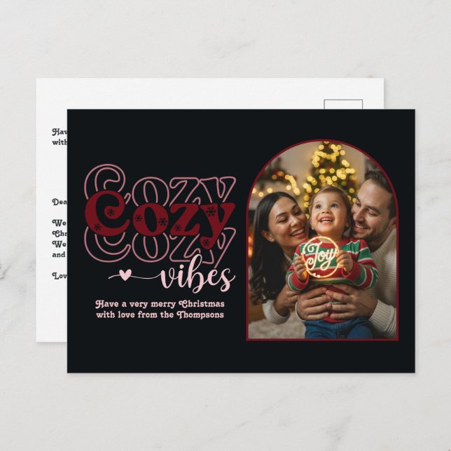 Berry Luxe Cosy Vibes Retro Christmas Photo Holiday Postcard (Front/Back)