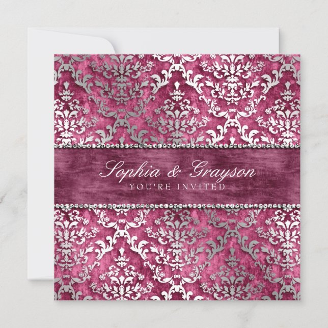 Berry Magenta Glimmer Damask Wedding Invite (Front)