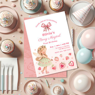 Berry Magical Fairy Girl Strawberry 1st Birthday Invitation