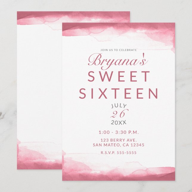 Berry Mauve Pink Watercolor Modern Sweet 16 Invitation (Front/Back)