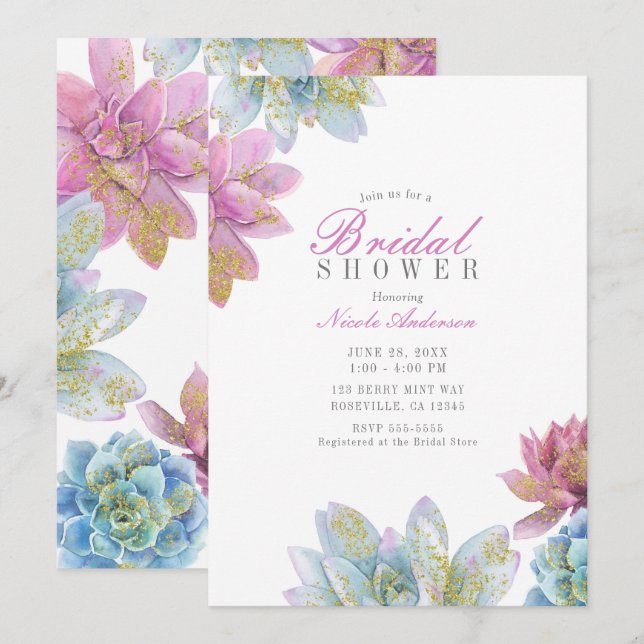 Berry Mint & Gold Garden Succulents Bridal Shower  Invitation (Front/Back)