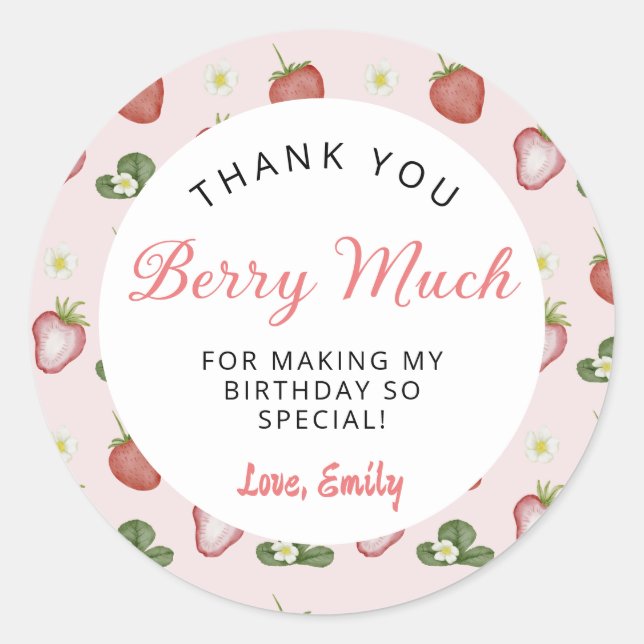 Berry Much Strawberry Girl 1st Birthday Party Classic Round Sticker (Front)