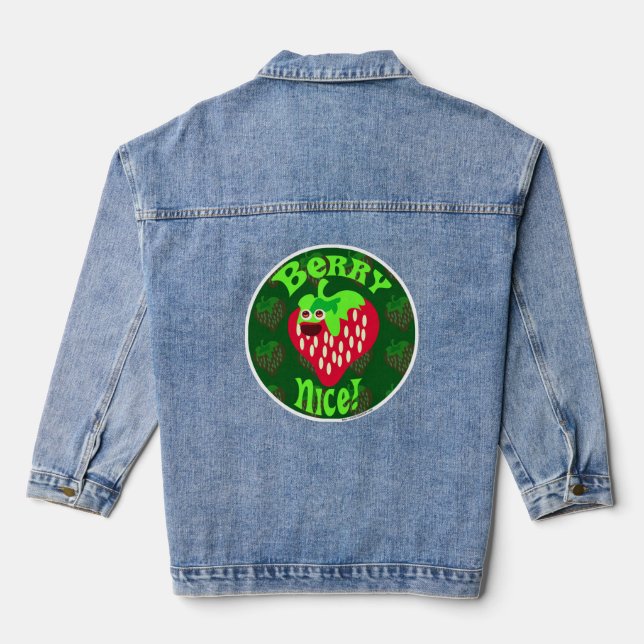 Berry Nice Cute Strawberry Cartoon Fun Art Denim Jacket (Back)