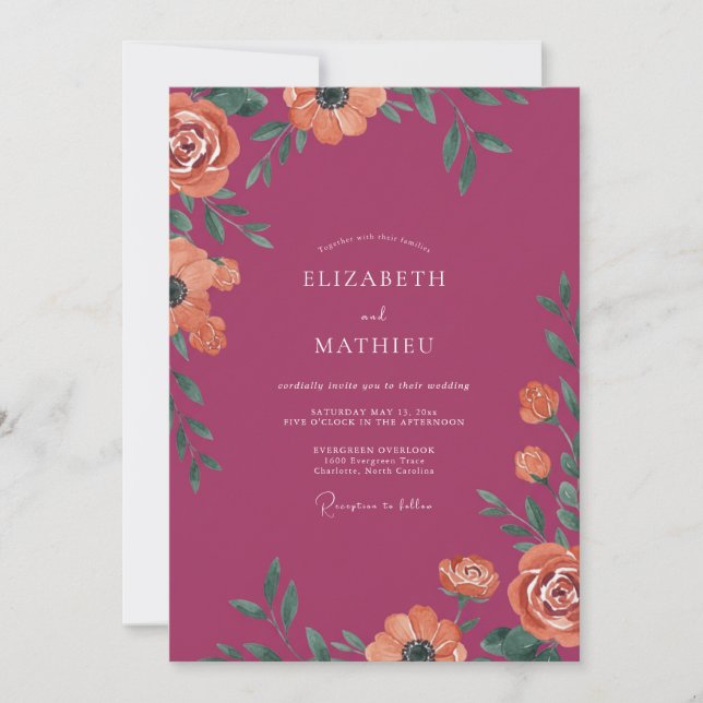 Berry Orange Poppy Wedding Invitation (Front)