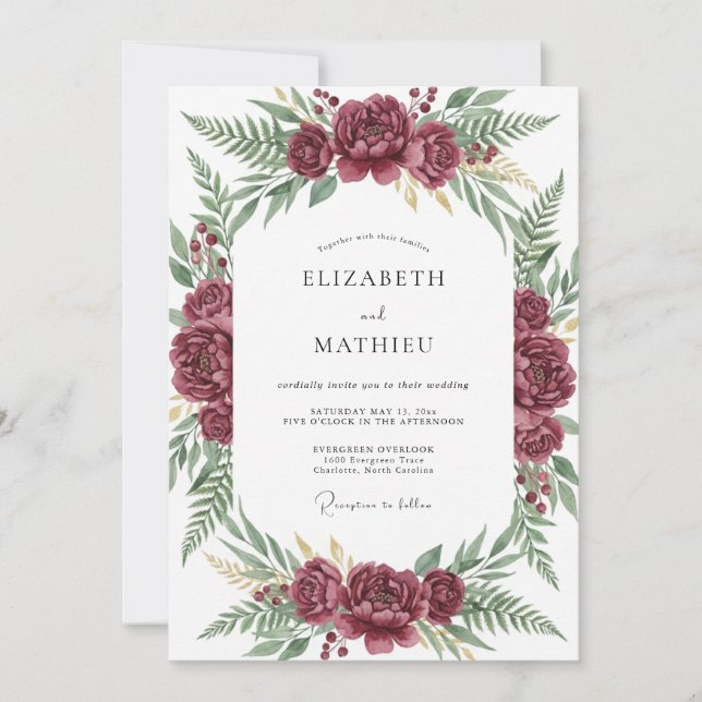 Berry Peony Foliage Wedding Invitation (Front)