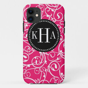 Berry Pink & Black Damask Custom Monogram Pattern iPhone 11 Case