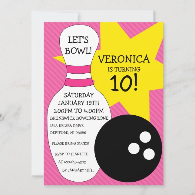 Berry Pink Bowling Bash Bowling Birthday Party Invitation (Front)