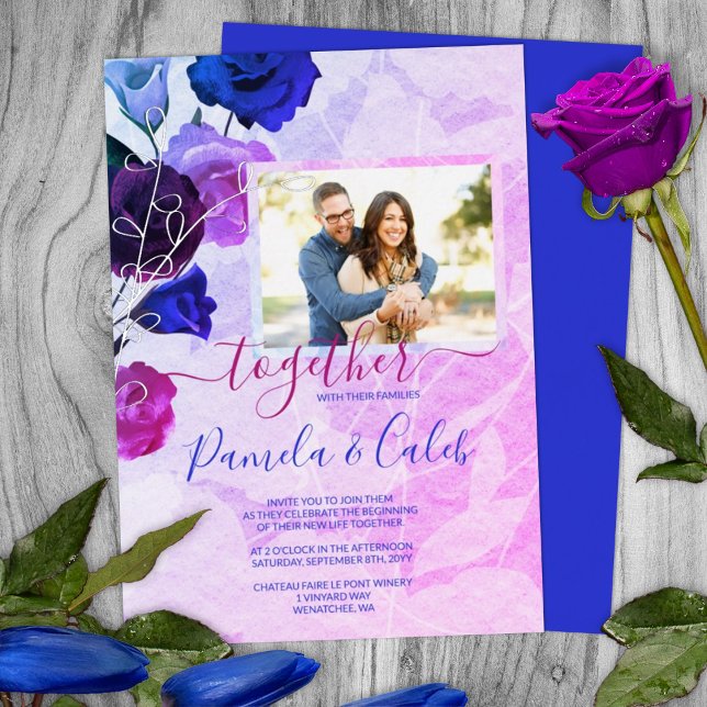 Berry Pink, Bright Royal Blue Rose Garden Wedding (summer sangria royal blue pink purple berry wedding color palette invitations silver foil leaves)