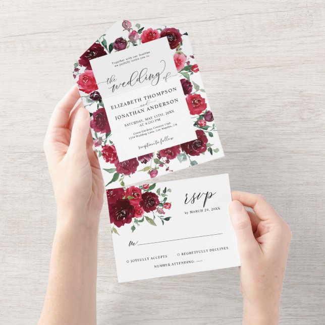 Berry Pink Burgundy Wine Red Wedding Details RSVP All In One Invitation (Tearaway)