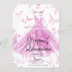 Berry Pink Butterfly Dance Dress Quinceañera  Invitation