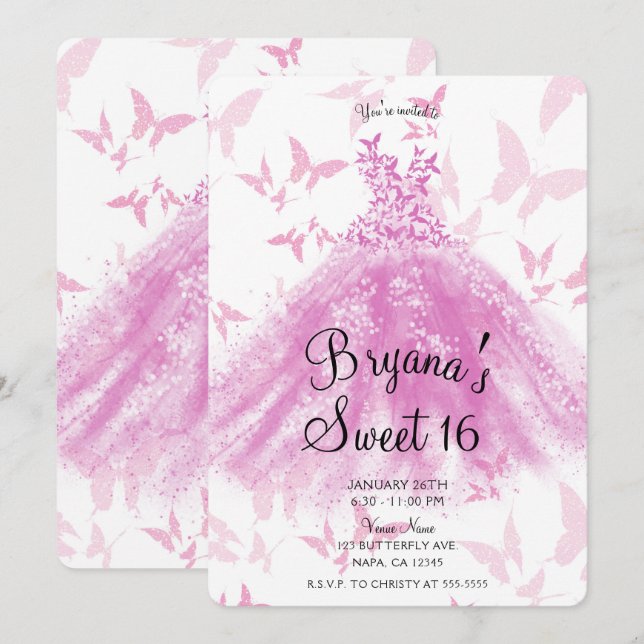 Berry Pink Butterfly Dance Dress Sweet 16 Party Invitation (Front/Back)