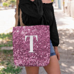 Berry Pink Faux Glitter Bokeh Sparkles Monogram Tote Bag<br><div class="desc">A modern bold single letter monogram in white with a black drop shadow. The font size, colour and style are customisable. The background is a faux berry pink glitter with sparkly spots or bokeh. Move or delete the tiny faux sparkle graphics. Girly gift for a bridesmaid or other member of...</div>