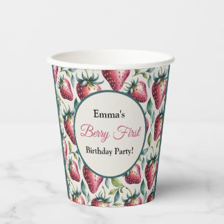 Berry Pink Green Strawberry Name Party Paper Cups