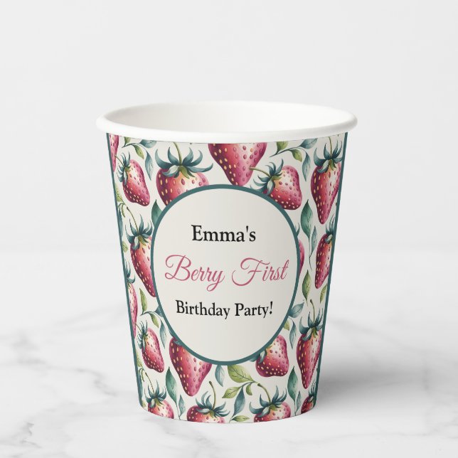 Berry Pink Green Strawberry Name Party Paper Cups (Front)