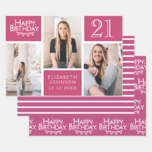 Berry Pink Photo Collage 21st Birthday   Wrapping Paper Sheet