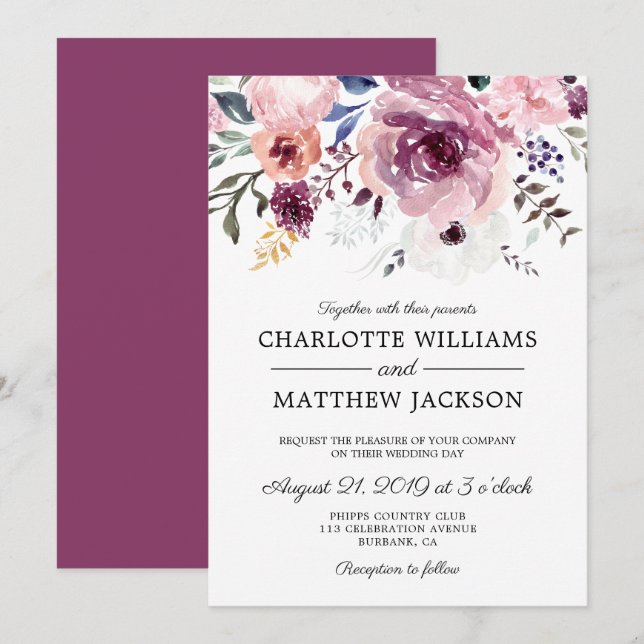 Berry Pink Roses Floral Wedding Invitation (Front/Back)