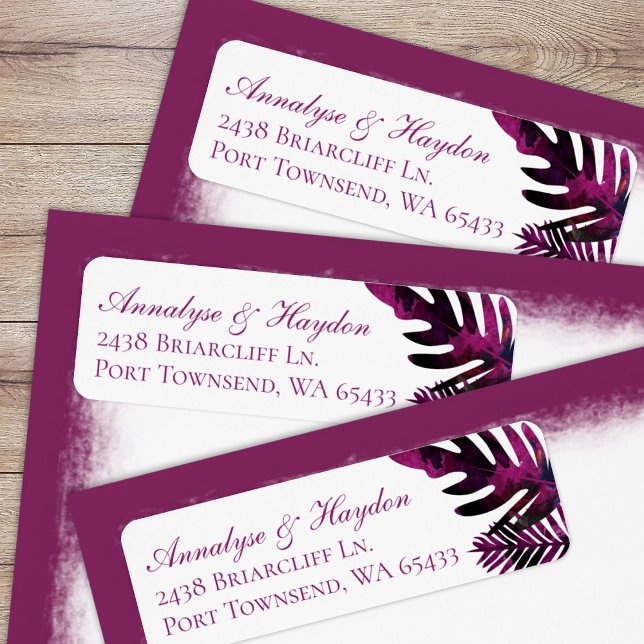 Berry Pink Tropical Leaves Wedding Return Address (tropical berry pink, magenta, maroon island palm leaves, fern leaf, monstera return address labels)