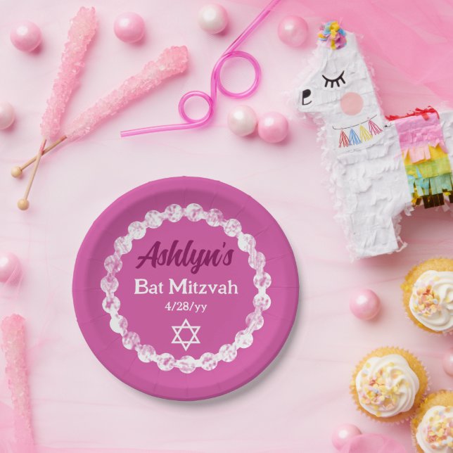 Berry Pink, White Bat Mitzvah Personalised Party Paper Plate (Party)