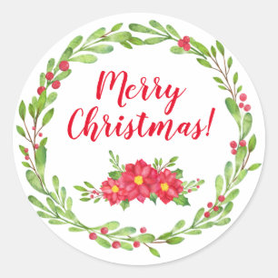Berry & Poinsettia Christmas Round Stickers