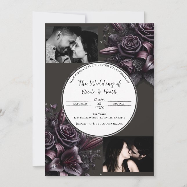 Berry Purple & Black Lily Rose Floral Wedding Invitation (Front)